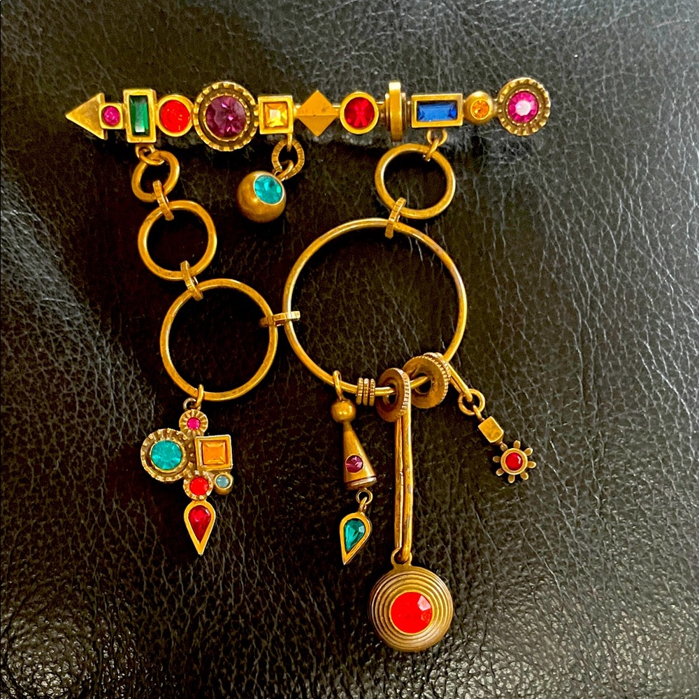 Patricia Locke Brass Tone Crystal Rhinestone Dangle Brooch